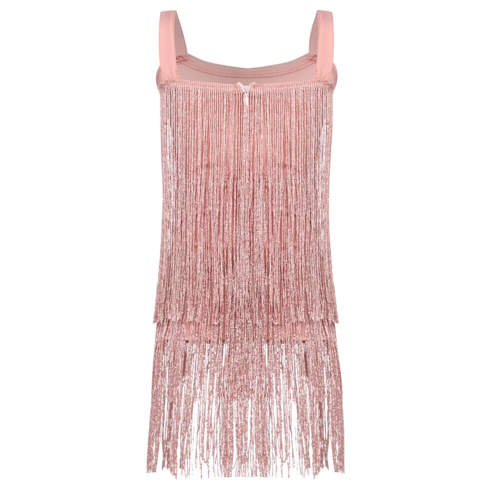 Kids Girls Fringe Latin Jazz Dance Dress Sleeveless Wide Shoulder Straps Shiny Tiered Tassel Dresses Stage Performance Dancewear