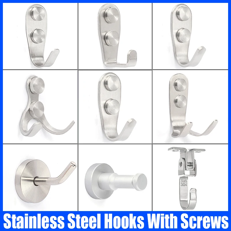 1-5PC Stainless Steel Hooks With Screws Heavy Duty Wall Hanger Clothes Hooks Kitchen Hooks Bathroom Hooks Wall Hooks Accessories