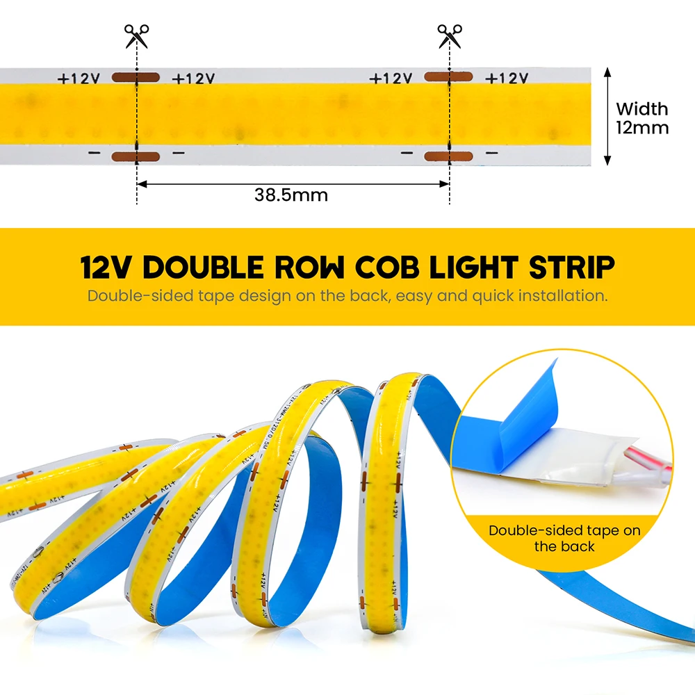 12V 24V Double Row COB LED Strip Light High Brightness Flexible Tape 2PIN Wire 600LED/M RA90 3000K 4000K 6000K Home Decoration