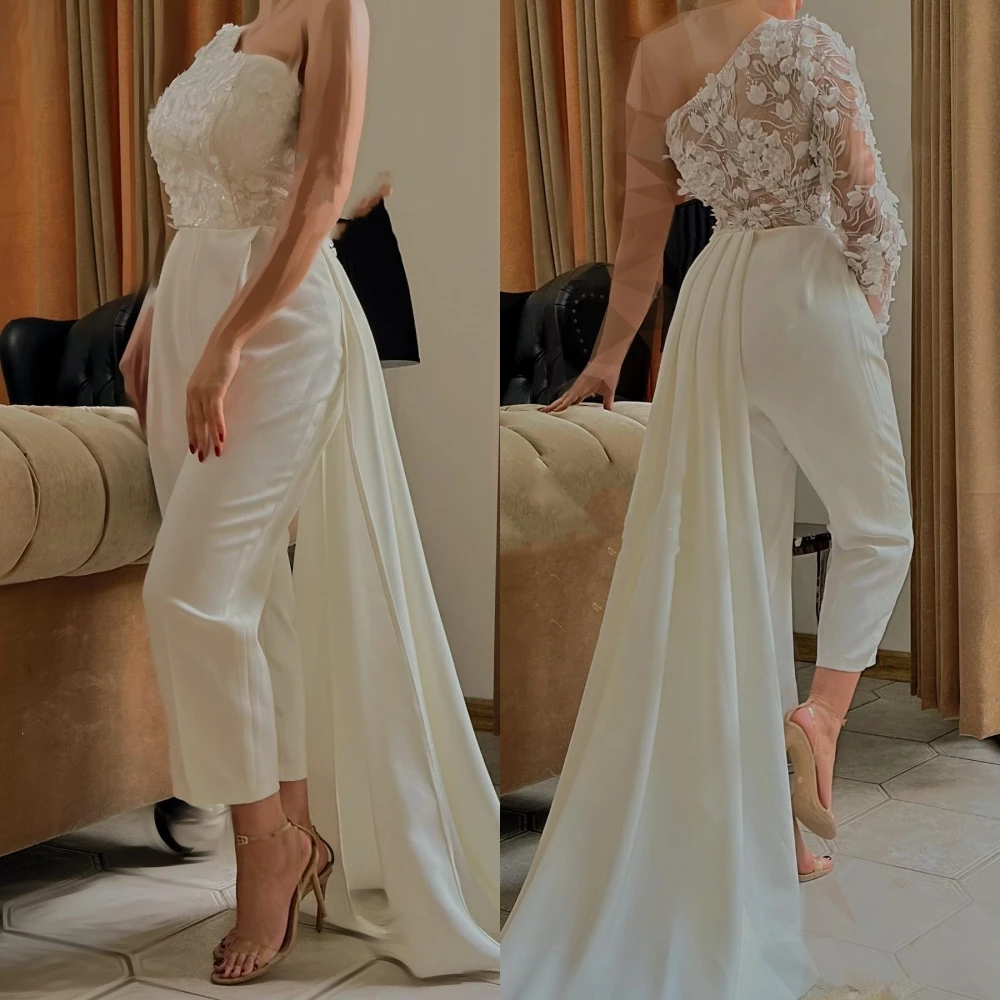 Customized Fashion Elegant One-shoulder Sheath Formal Ocassion Gown Applique Tulle Anke length Charmeuse Evening Dress فساتين سه