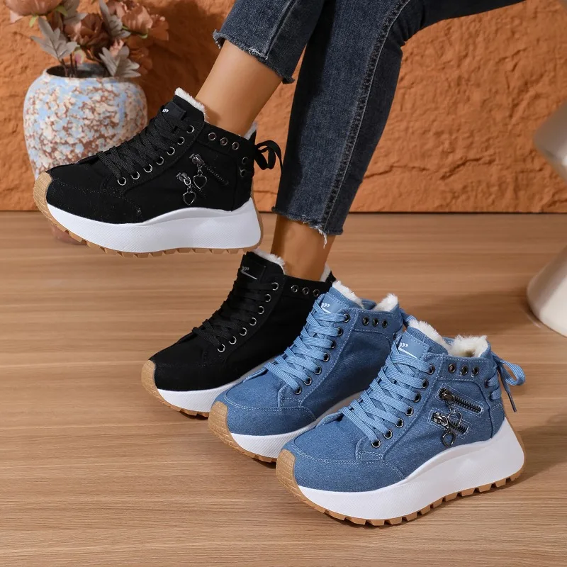 

2025 New Women Stylish high quality and warm Sneakers High Top Denim Canvas boot Female Designer for Women Lace Up boot