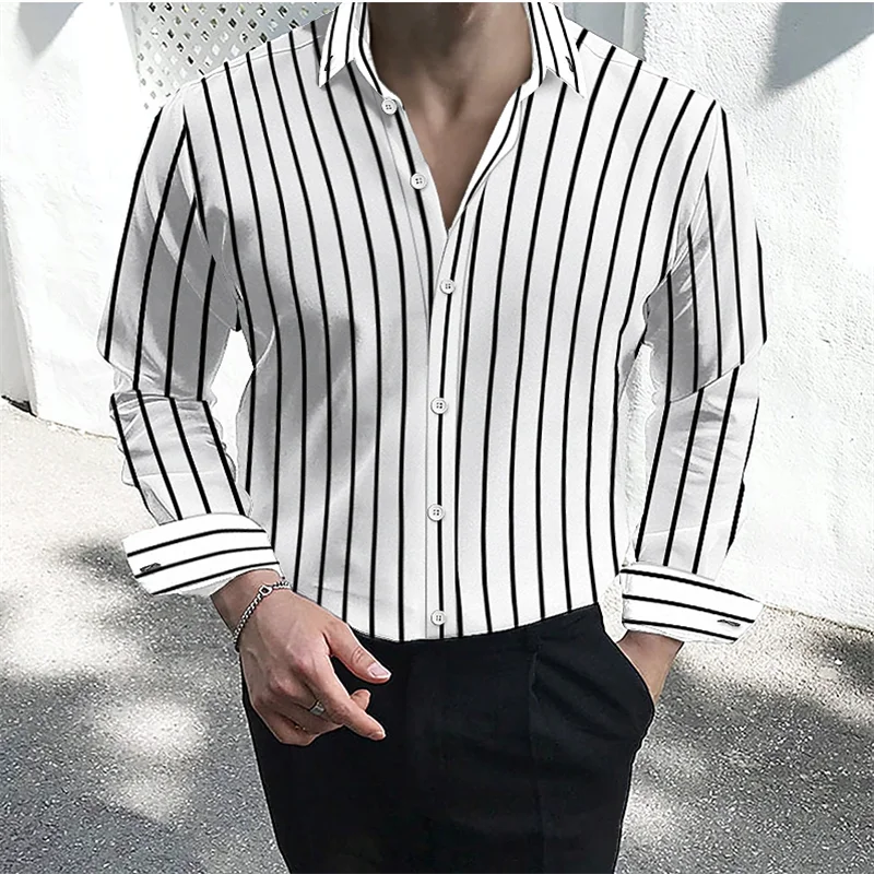 Men\'s formal shirt button lapel shirt black and white red long sleeve striped collar wedding work clothing large size 6XL