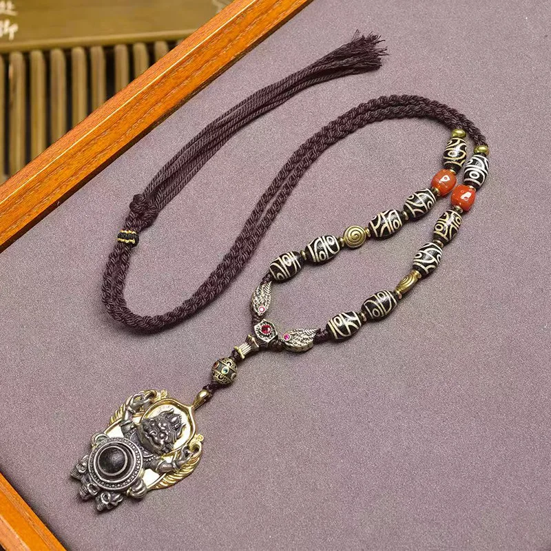 

Eye Inlaid With Great Peng Bird Pendant Four-Eyed Dzi Bead Wings Three-Way Red Braided Rope Necklace