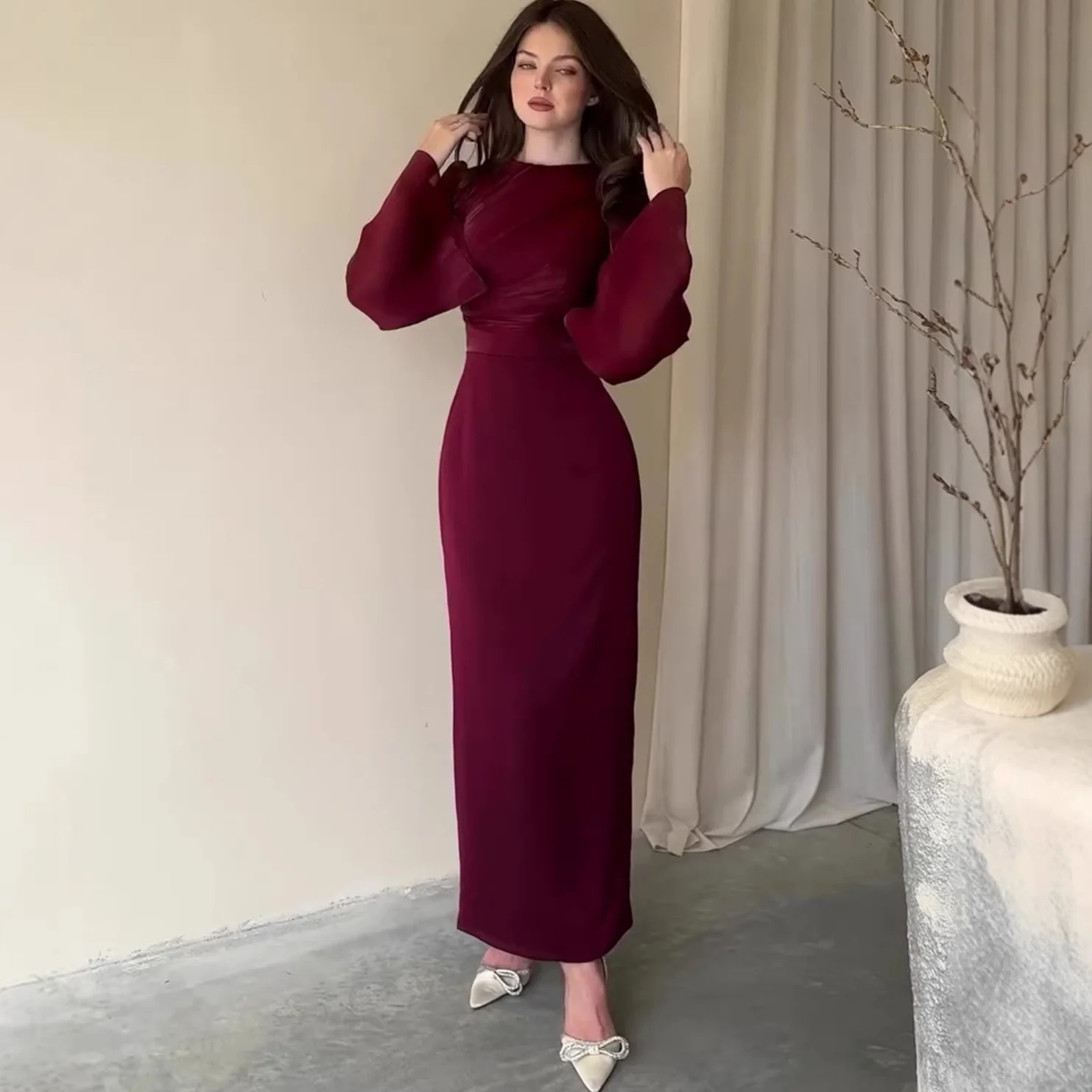 Elegant Pure Color Wrap Dress with Pleats And Long Sleeves Simple Design Sexy And Stylish Midi Dress for Women