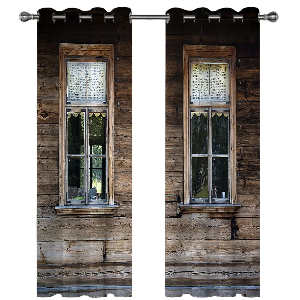 HUANZHUANG Curtains For Window Retro Log Cabin Window 3D Modern 2 Pieces Fashion Thin Window Curtain For Living Room