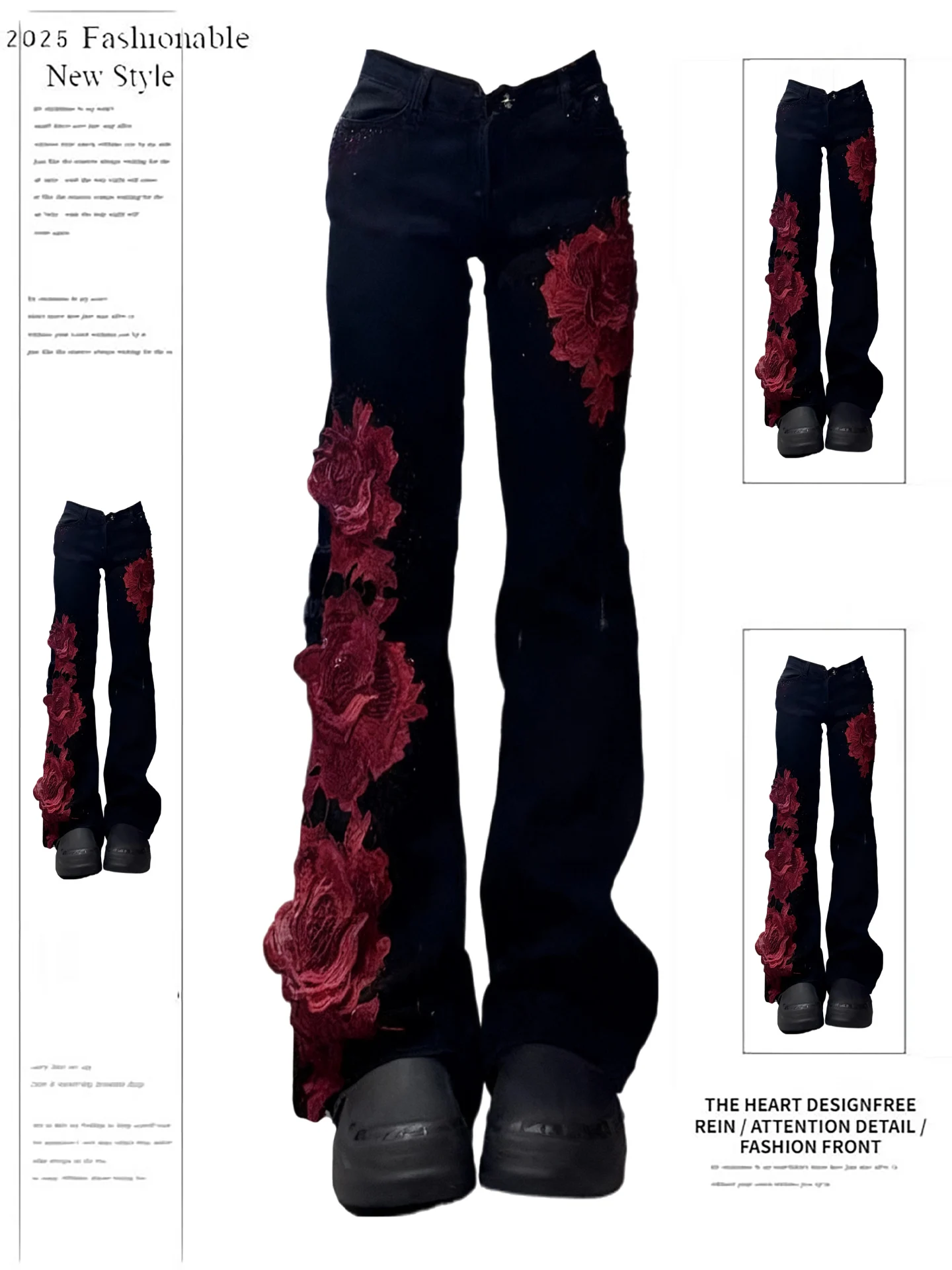 

Retro American Bla Bell Bot Denim Jeans Women's Autumn Winter New Design Rose Splicing Y2K Sexy Long Pants High Waist