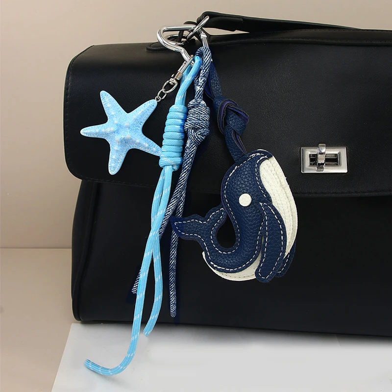Exquisite Blue Whale Pendant Keychain,Cartoon Cute Starfish Whale Woven Rope Charm Car Bag Decoration Creative Gift