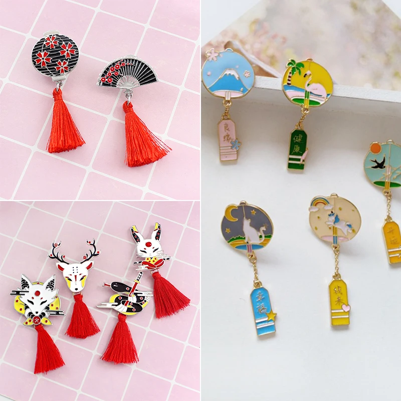 Cartoon Animal Long Fringe Badge Fox Rabbit Deer Snake Metal Enamel Brooch Fan Lantern Pin Trendy Jewelry Lucky Gift Friends