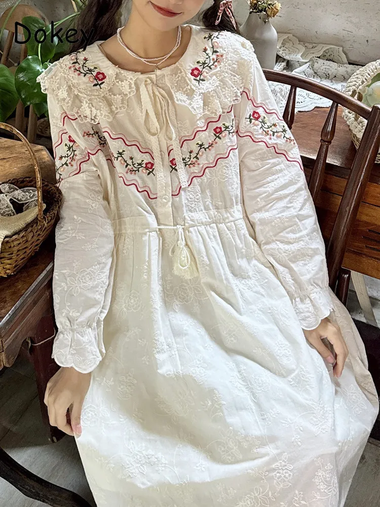 Abito bianco ricamo Vintage giapponese da donna, colletto Peter Pan arruffato, abiti a maniche lunghe, abbigliamento Kawaii, ragazza Mori, Spri