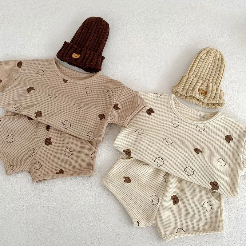 MILANCEL 2023 Summer Baby Clothing Set Pure Cotton Waffle Tee And Shorts Boys Suits