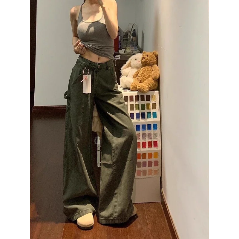 

Американские военные зеленые рабочие брюки, женские новые повседневные широкие свободные прямые расклешенные джинсы в стиле ретро с несколькими карманами