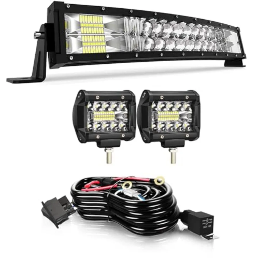 

LED Light Bar Curved Led Bar Off Road Light W/ 2pcs 4in 60W LED Pods Fog Lights with Wiring Harness Kit for Trucks ATV UTV Boat