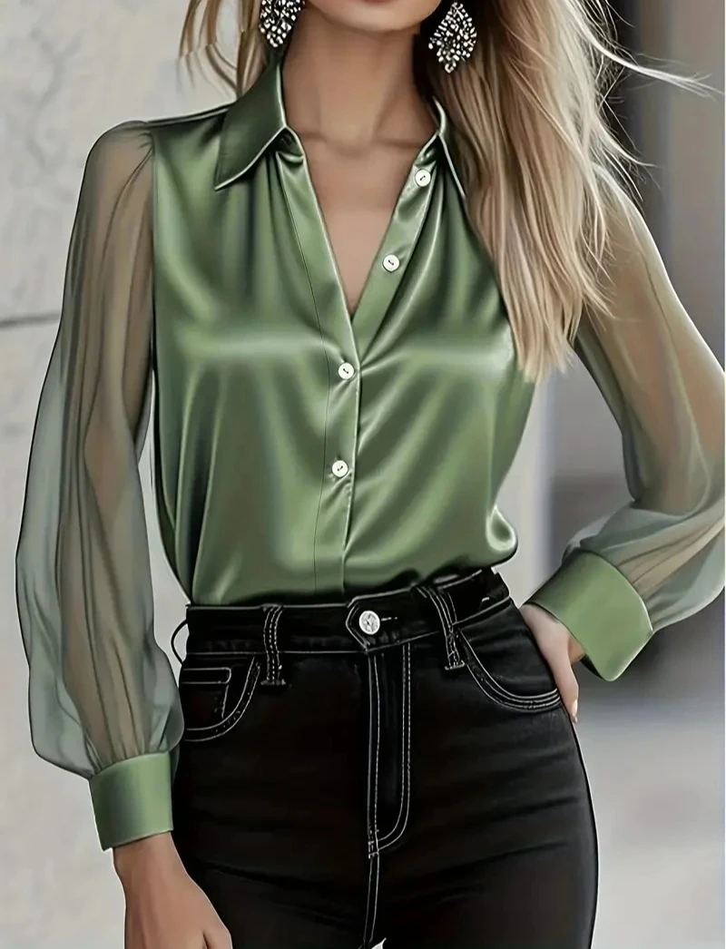 

Autumn new light luxury high-end long-sleeved versatile age-reducing satin shirt for women