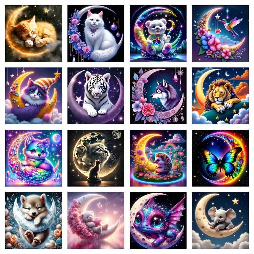 AZQSD Diamant-Mosaik Mond Tier Katze Vögel Diamantmalerei Komplettsets Elefant Wolf Vollquadrat Rundbohrer Heimdekoration