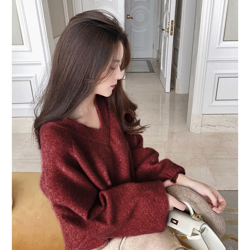 Beautiful Solid Color V-neck Soft Comfort Women's Sweater Autumn Winter Thicken Loose Lazy Style Casual Knitted Top for Women