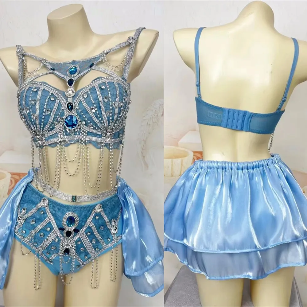 

Nightclub Bar Sexy Stage Wear Blue Rhinestones Beading Bikini Gogo Dancer Electric Music Festival Outfit Party Show Costume