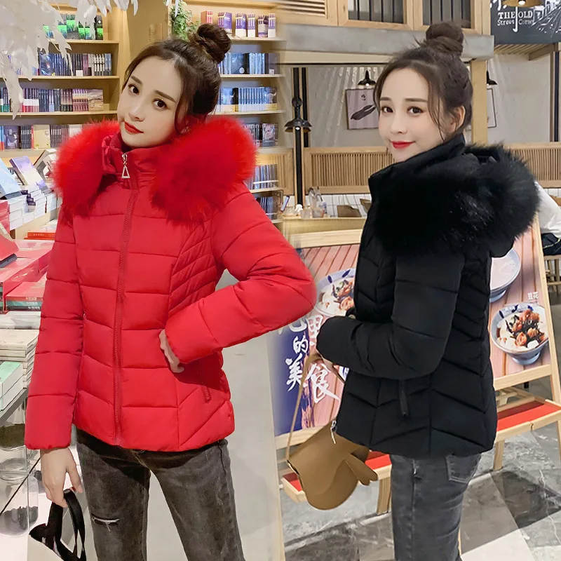 Hooded Women Parkas Coat Short Jacket Solid Oversize Fur Collar Long Sleeve Zipper Slim Fit Thick Office Lady Casual Winter 2025