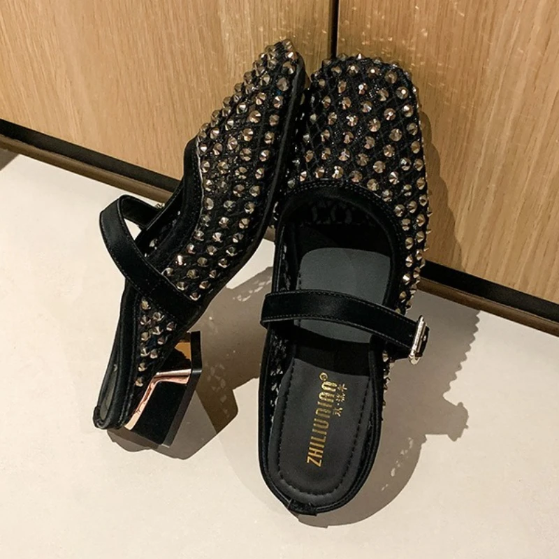Mesh Rhinestone Chunky Heel Mules Slippers Women Breathable Summer Fashion Slides Square Toe Sandals for Women Pantuflas Mujer