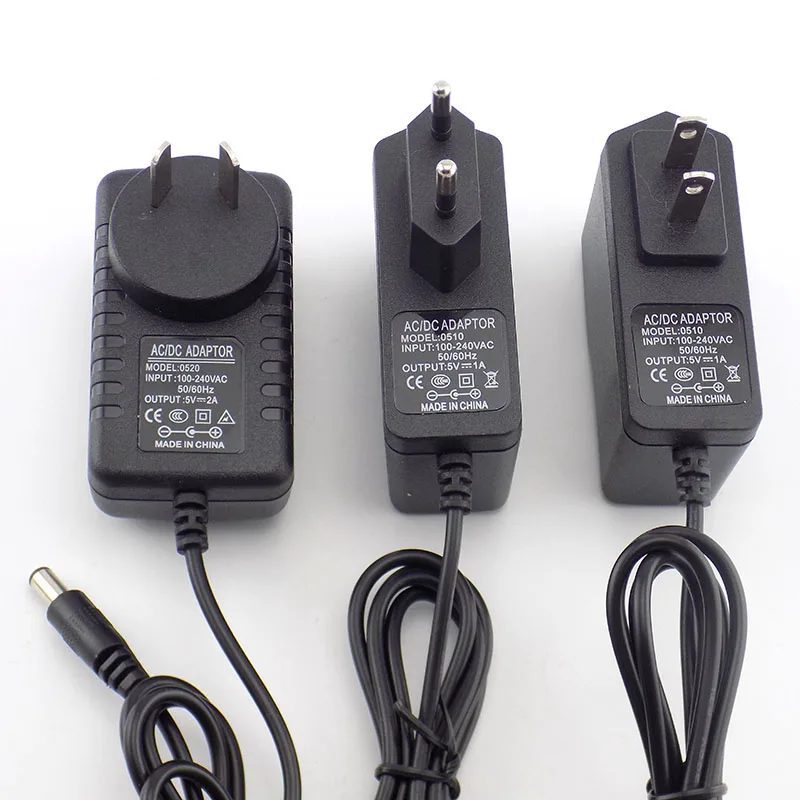 Adaptador de alimentação AC para DC, carregador conversor, EUA e UE Plug, Faixa de LED, CCTV Camer L1, DC 5V a 100V-240V, 2000mAh, 5,5mm x 2,1mm