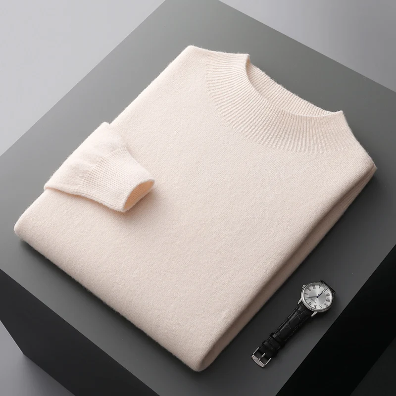 Autumn and winter new men\'s 100% beautiful slave pure wool semi-high collar solid color knitted business cashmere sweater top