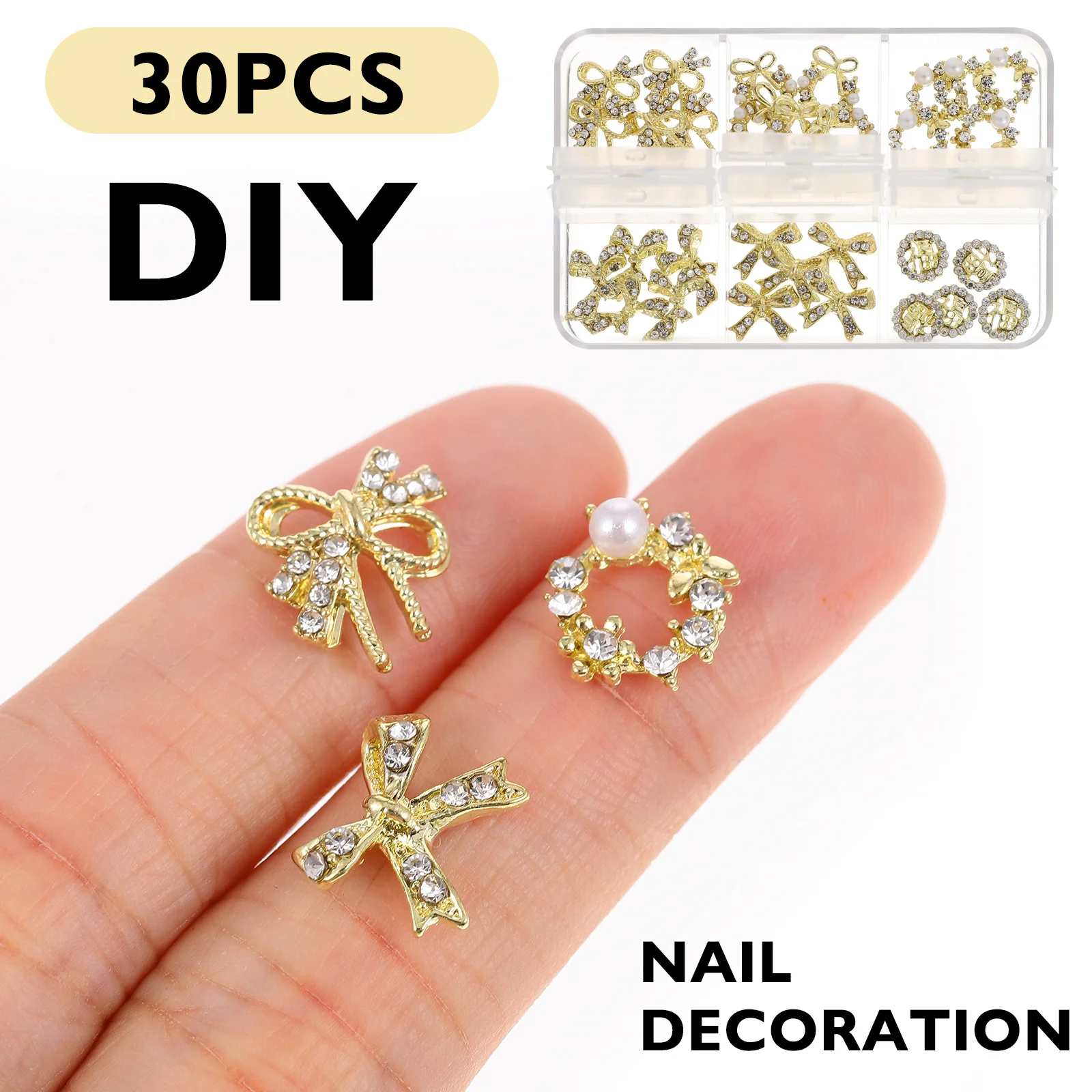 

30Pcs Metallic Nail Charms Kit Delicate Manicure Decorations Shiny Nail Art Charms for DIY Designs Jewelry Clothing Shoes