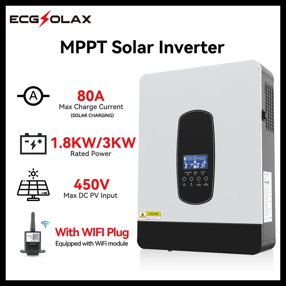 ECGSOLAX 3KW 1.8KW Hybrid Solar Inverter Off-Grid Pure Sine Inverter 12V 24V 220V Built in 80A MPPT Solar Charge Controller WIFI