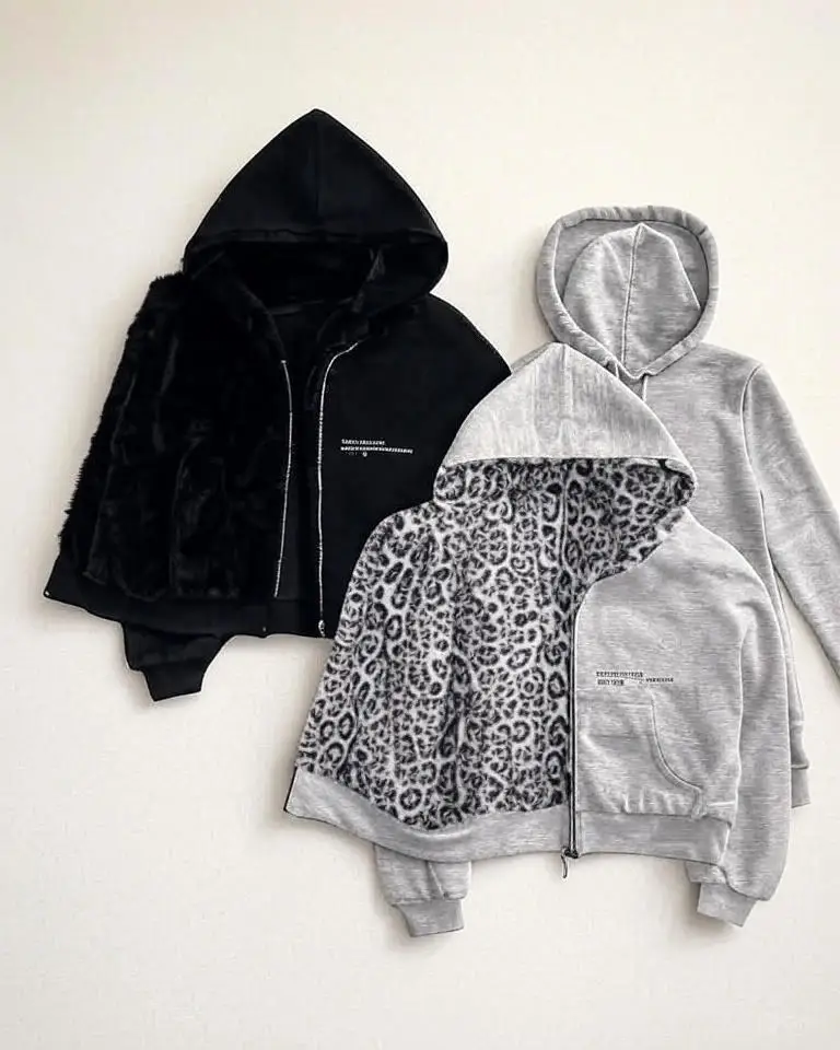 American Fashion Reversible Faux Fur Leopard Zipper Hoodie Mens