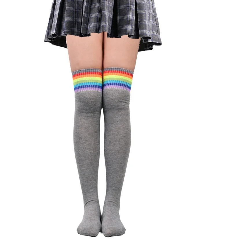 

Over Above Knee Socks Women Rainbow Striped Ladies Girls Black White Winter Thigh High Stockings Cotton Japanese Style Long Sock