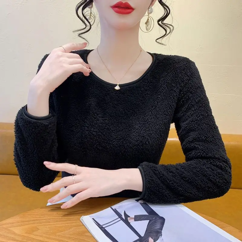 Sudadera gruesa de lana Coral para mujer, ropa interior térmica cómoda y sólida informal, pijamas, Tops, jersey de Base cálido de felpa para exteriores