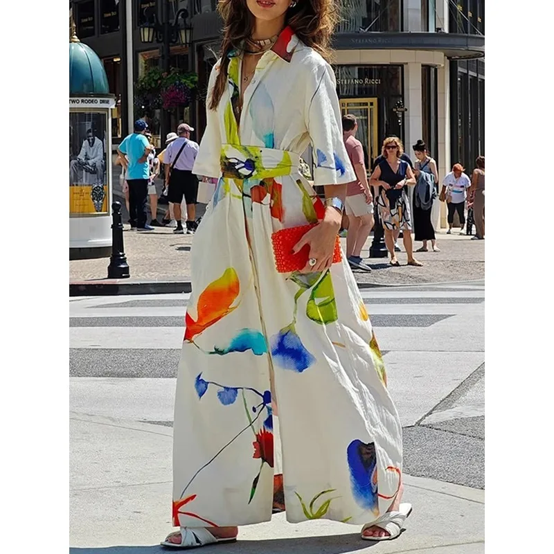 

Красочное платье-рубашка для женщин 2026, А-силуэт, с принтом, рукав до локтя, отложной воротник, с завязками на талии, элегантное, для выхода в свет, 180485