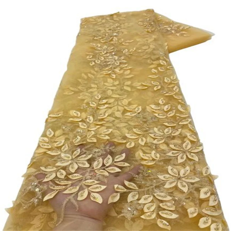 

Yellow African Groom Lace Fabric High Quality Sequins Lace Material Nigerian French Beaded Lace Fabrics For Wedding Party Dress