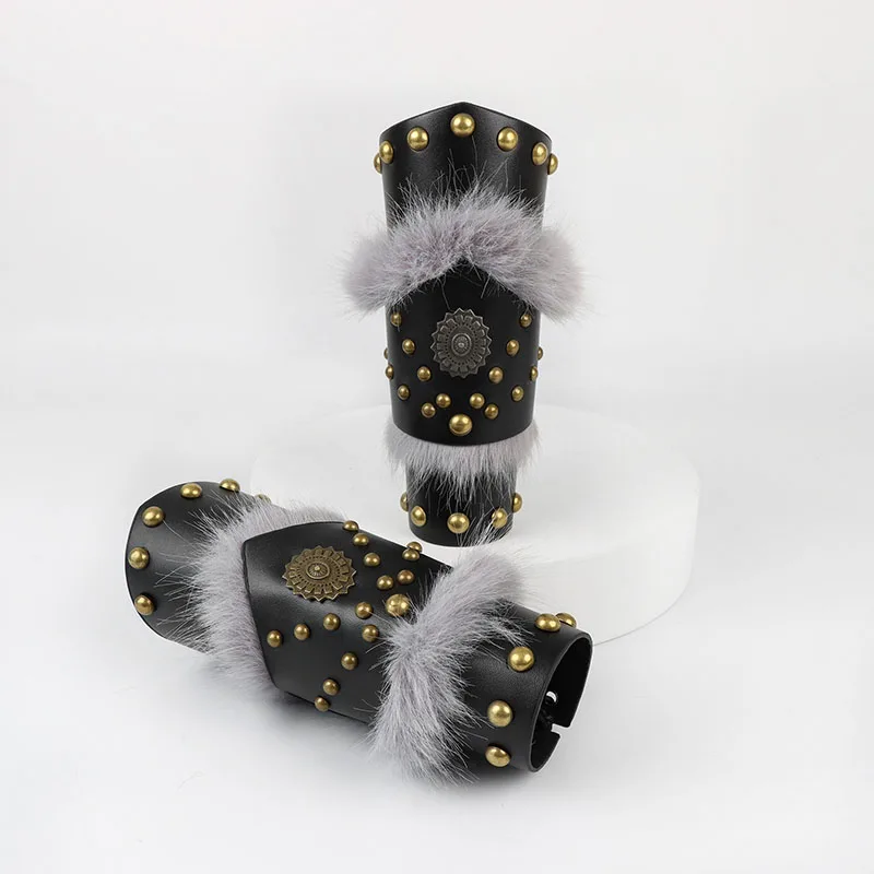 Medieval Steampunk Retro Multi layer PU Leather Riveted Gauntlet Halloween LARP Cosplay Hand Armor Costume Accessories Props view 2