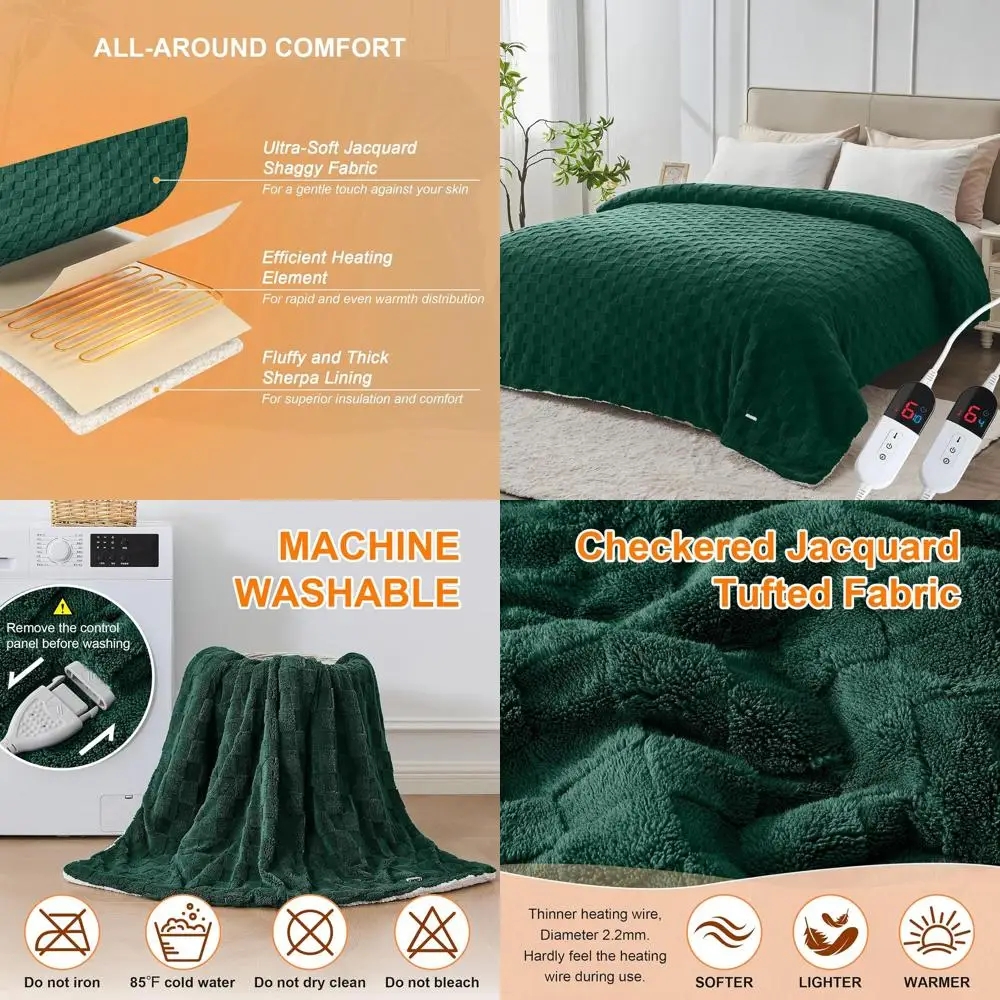 

Queen Size Electric Blanket with Dual Controls, 84x90 Jacquard Sherpa, 6 Heat Levels, 10-Hour Auto Off, Overheat Protection