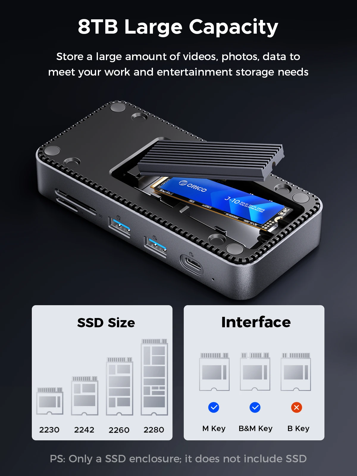 ORICO USB C Display Hub 10Gbps مع مروحة تبريد M.2 NVMe SATA SSD الضميمة HDMI RJ45 SD/TF محطة إرساء للاعبين