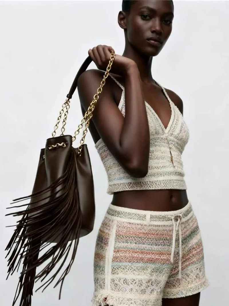 

Chains Drawstring Bags For Women Shoulder Bag Fashion Tassel Bucket Bag PU Leather Handbag Ladies High Quality Purses New Tote