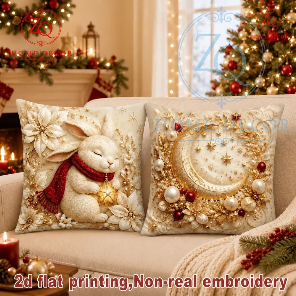 Luxury Christmas Velvet Pillow Cover: Cute Scarf Bunny  Moon Star Wreath Festive Ivory Gold Red Holiday Decor
