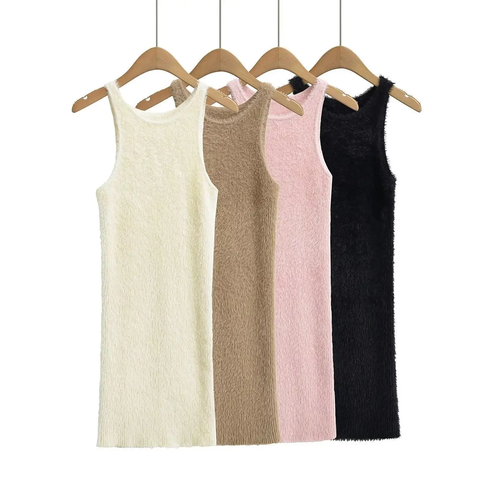 Women's Fur Knitted Tank Sleeveless Mini Dress Solid Color Slim Fit