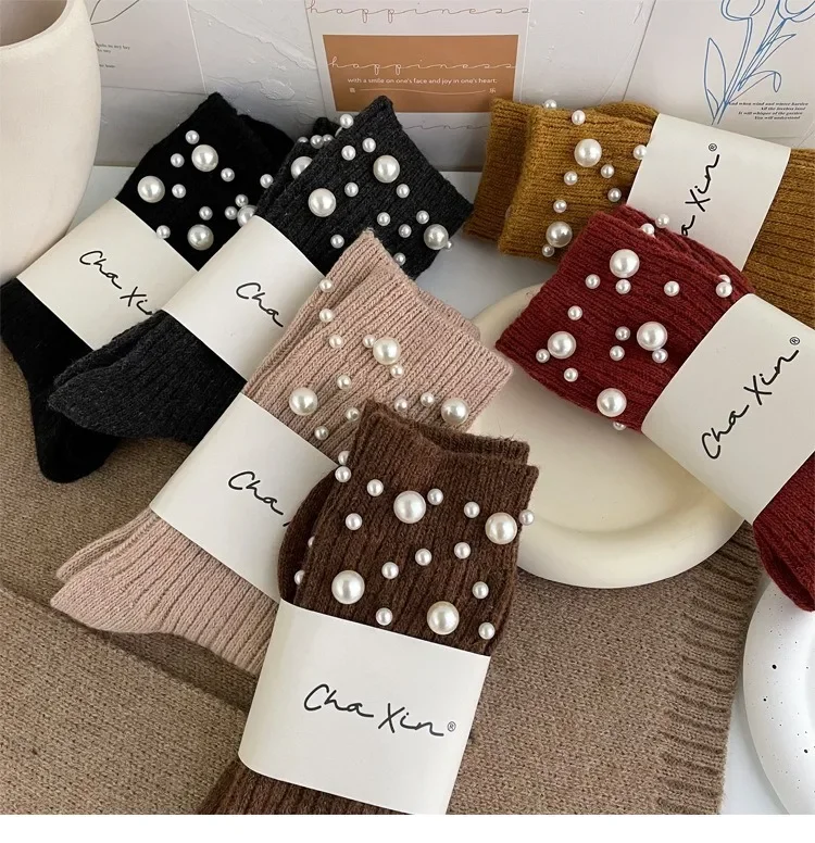 1 Paar modische Perlen-Dekorationssocken für Damen, süße Socken im Prinzessinnen-Stil mit mittlerer Wade im koreanischen Stil, Bekleidungszubehör – Detail 5