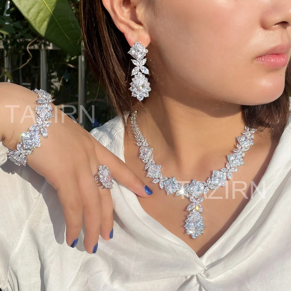 TAZIRN 2PCS/4PCS Cubic Zirconia Wedding Bride Floral Jewelry Set for Women CZ Necklace Earrings Dubai Nigeria Crystal Choker Set