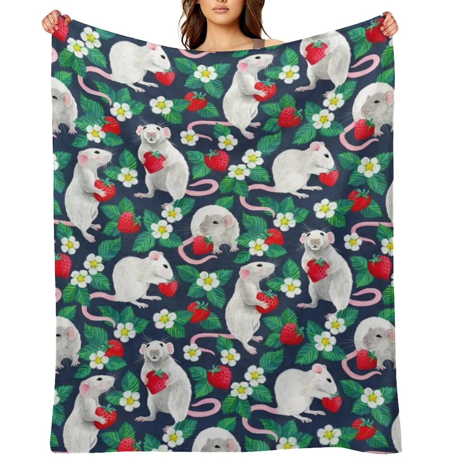 

Rats Love Strawberries on navy blue Throw Blanket Decoratives Sleeping Bag Travel Flannels Blankets