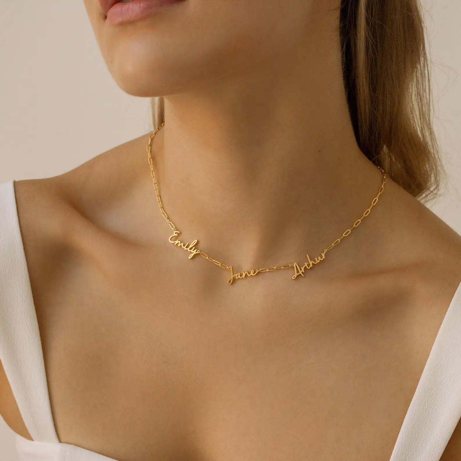 Personalized Multi Names Rory Chain Necklace Gold Stainless Steel Double Name Necklace Gift for Girlfriend Family Members