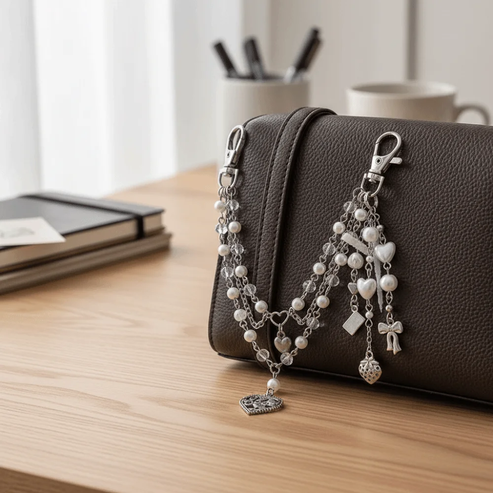 

Gift Sweet Imitation Pearl Accessories Trendy Heart Acrylic Bag Chain Metal Material Multi-layer Design Beaded Keychain Women