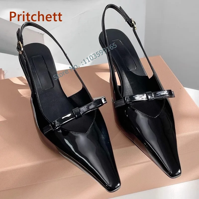 Bombas Toe Pointy com nó borboleta para mulheres, salto fino, sandálias rasas, couro envernizado, alça de fivela, sapatos Slingback, monocromático, Borgonha