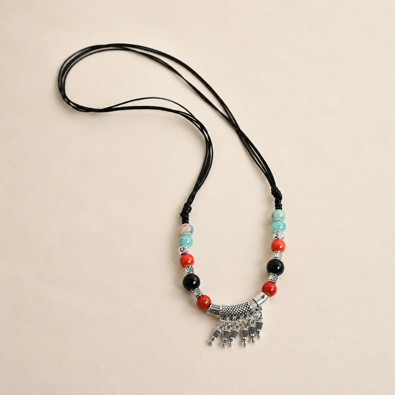 Handmade Ceramic Fish Pendant Necklace Waxed Cord Hand Braided Adjustable Necklace Metal Charm Jewelry Y260729-08