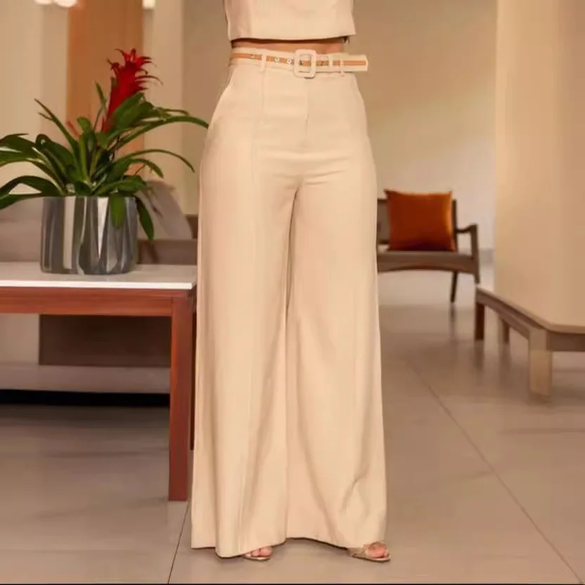 Two Piece Set Women Outfit 2024 Summer Fashion Round Neck Sleeveless Top & Elegant Temperament High Waist Wide Leg Pants Set