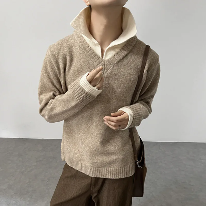 WVGA Autunno Inverno Nuovo Uomo Marea Falso in Due Pezzi Color-Block Colletto Alla Moda Maglioni Nicchia Chic Casual Maglia di Lana Magliette e camicette Ins W13800
