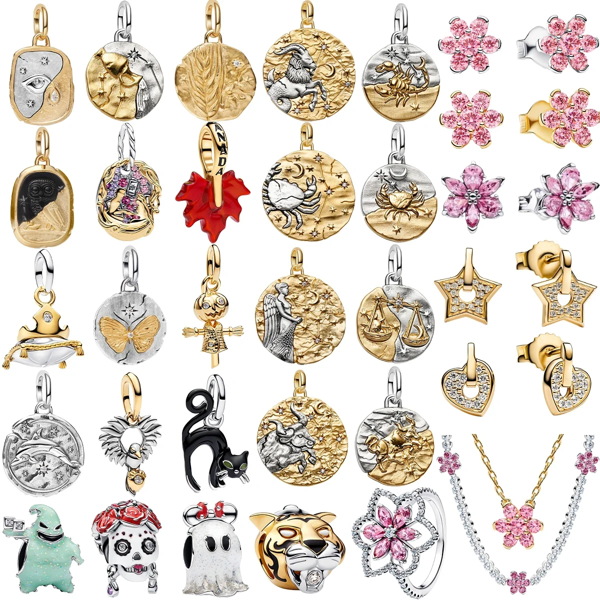 New Original 925 Sterling Silver The Twelve Zodiac Signs Cat Flower Earrings Pendant Necklace For Women's Jewelry Birthday Gift