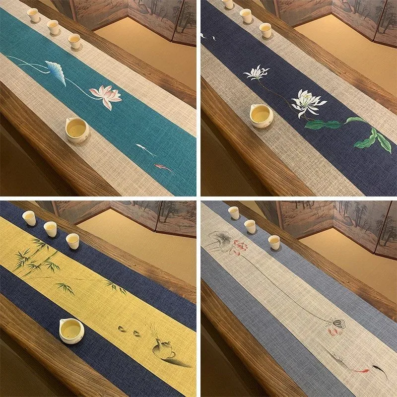 Hand Drawn Waterproof Tea Mat Hemp Pattern Japanese Zen Table Flag Home Tea Table Tablecloth Cotton Hemp Tea Accessories ZG908