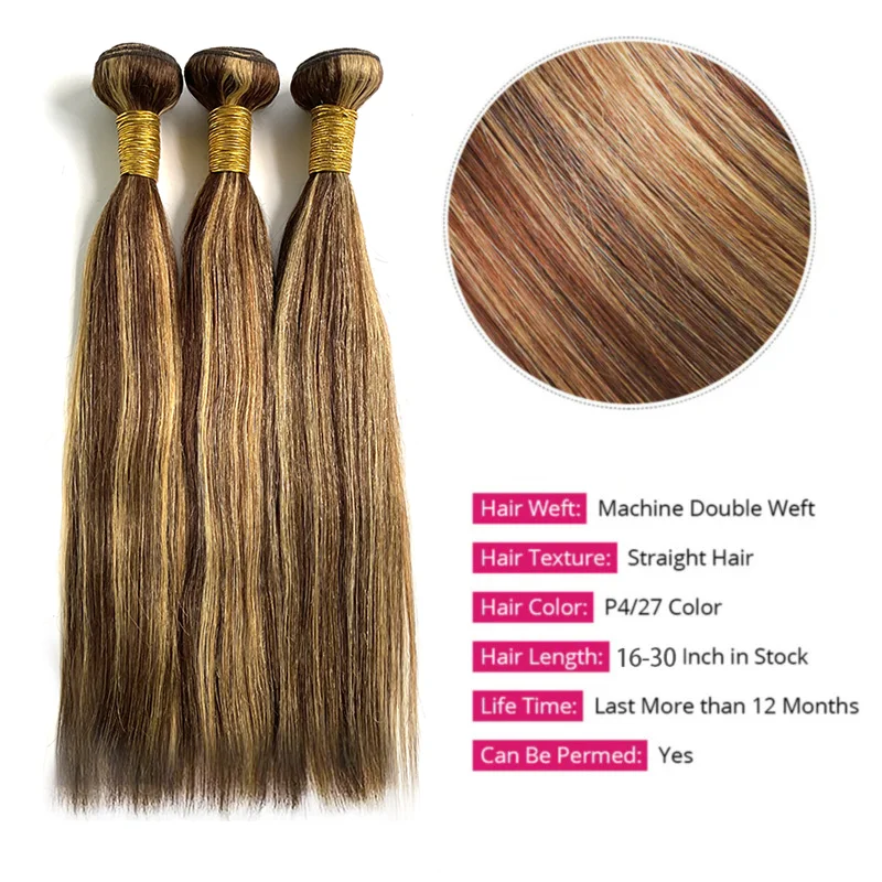 Mèches Brésiliennes Naturelles Remy Lisses Blond à Reflets, Extensions de Cheveux, Document P4/27, pour Femme