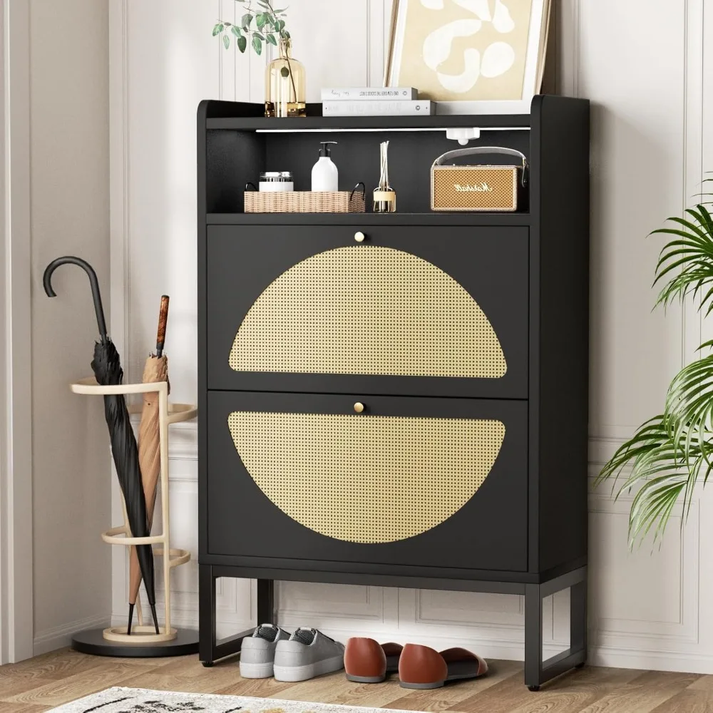 

Rattan Shoe Cabinet with 2 Flip Drawers & Sensor Light for Entryway, Narrow Free Standing Shoe Racks Cabinet